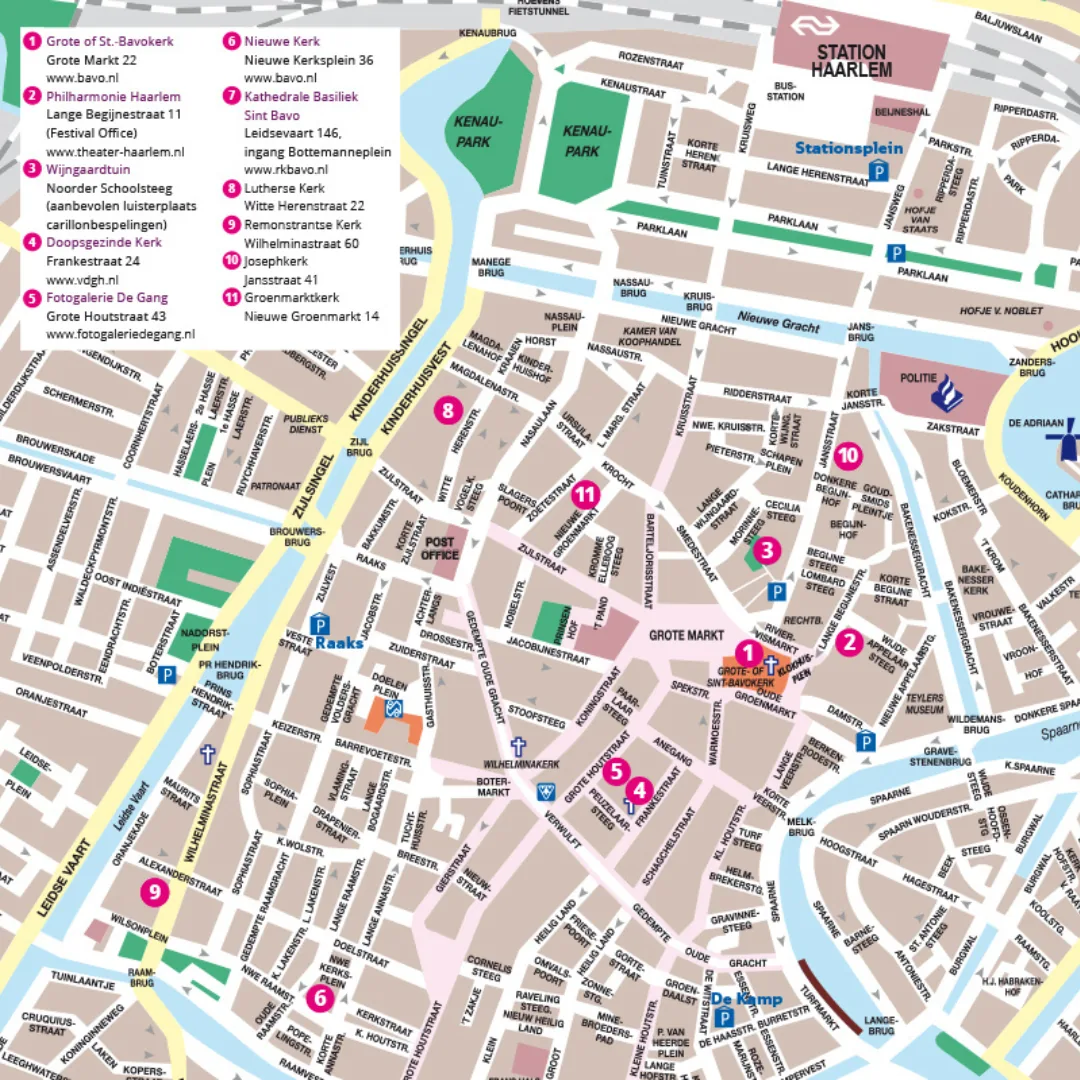 Plattegrond van de binnenstad van Haarlem met de orgellocaties van het festival